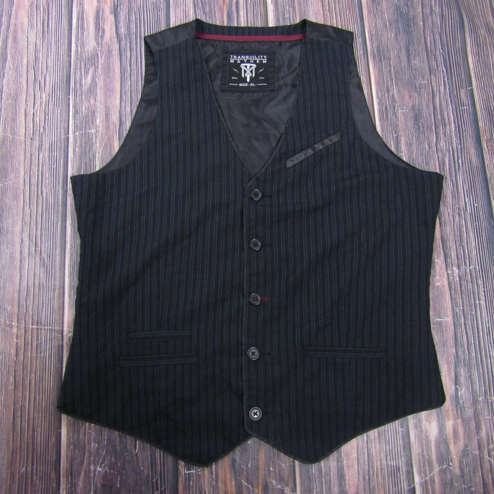 Tranquility Mayhem Vest Mens XL‎ Black Striped Cotton Blend Lined Pockets